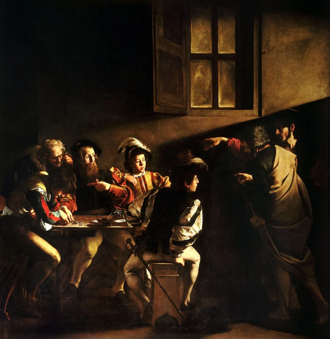 Caravaggio's The Calling of Saint Matthew, where a shaft of light creates the focal point in the painting