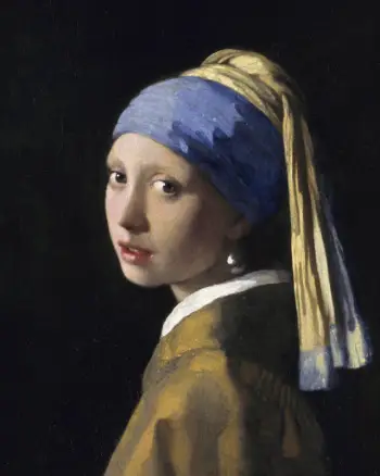 Vermeer's Girl with a Pearl Earring, the lit face against a dark background as a focal point in art example