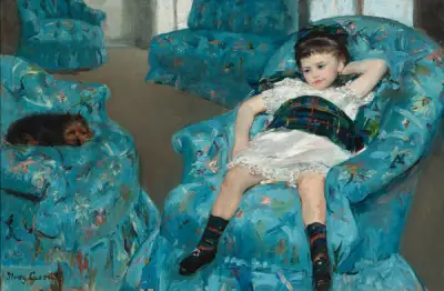 Mary Cassatt's Little Girl in a Blue Armchair, the child's face and pose as a focal point