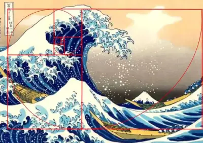 Hokusai's The Great Wave with a golden spiral overlay following the curl of the wave