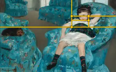 Critico's golden overlay on a sample painting — rotate it to see which orientation best fits your composition.