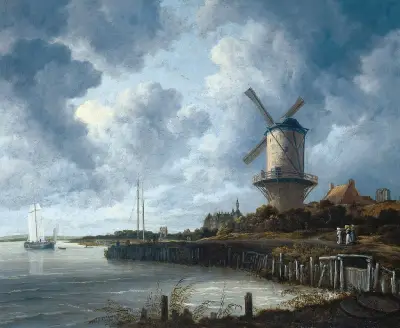 Ruisdael's windmill landscape, the mill on a vertical third and horizon on a lower third