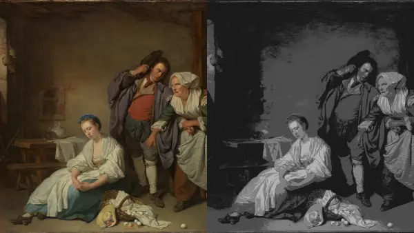 A colorful painting beside its posterized value structure, illustrating the value scale in art